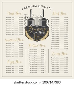Vector craft beer menu with the image brewery production line and brewing equipment in retro style and price list with handwritten inscriptions
