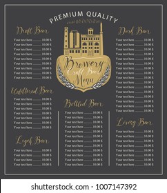 Vector craft beer menu with the image of the brewery building in retro style and price list with handwritten inscriptions