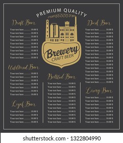 Vector craft beer menu with the image of the brewery building in retro style and price list with handwritten inscriptions on the black background