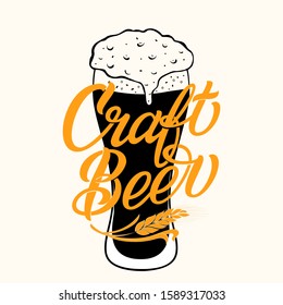 Vector craft beer typography on full glass with foam illustration. Lettering for pub advertising. Vector vintage lettering illustration.