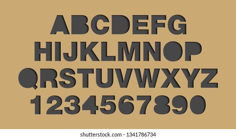Vector craft paper cut black shapes font. Paper art style alphabet and numbers, typography ABC letters design. 3d characters isolated, origami typeface for logo. Cut out by scissors from paper.