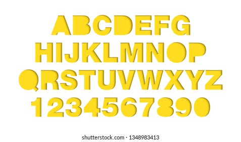 Vector craft paper cut yellow shapes font. Paper art style alphabet and numbers, typography ABC letters design. 3d characters isolated, origami typeface for logo. Cut out by scissors from paper. 