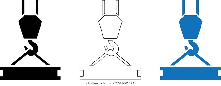 Vector crane hook icons in different styles with industrial icon, lifting equipm