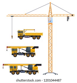 Vector crane and truck crane, set of construction equipment, orange truck crane