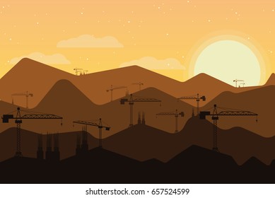 Vector cranes on the mountain in the evening