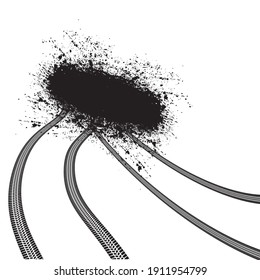 Vector Crash test  Print . Textured Tire Track . Design Element . Car tread silhouette . Mud splash grunge texture. Tyre track banner