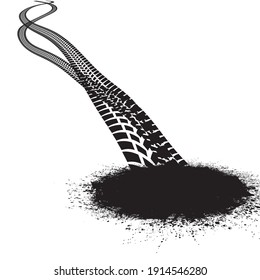 Vector Crash test  Print . Textured Tire Track . Design Element . Car tread silhouette . Mud splash grunge texture. Tyre track banner