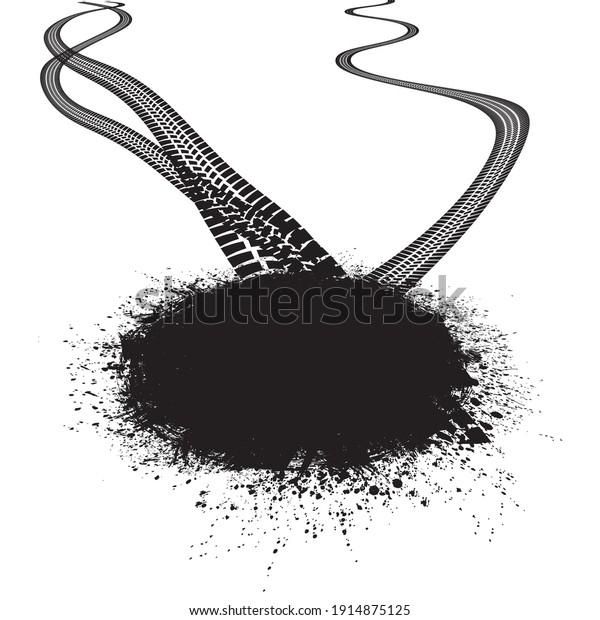 Vector Crash test  Print . Textured Tire Track .
Design Element . Car tread silhouette . Mud splash grunge texture.
Tyre track banner