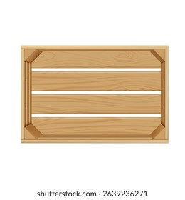 Vector crate with realistic wooden texture, top view. Empty box for fruits and vegetables. For transportation and storage of goods. Frame template. Isolated illustration.