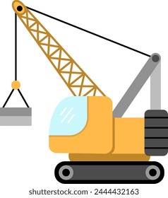 Vector crawler crane with load. Construction site and road work flat icon. Building transportation clipart. Cute special transport or repair service illustration. Loader picture for kids
