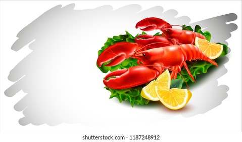 Vector Crayfish.3d vector illustration.Lobsters with lemons and fresh salad.