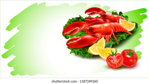 Vector Crayfish.3d vector illustration.Lobsters with Lemons and fresh salad.Tomato.