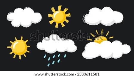 Vector Crayon Chalk Sun Cloud Rain Illustration, Weather Sketch Drawing Style Elements. Children Art Decoration.