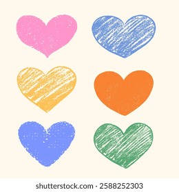 Vector Crayon Colorful Hearts Set. Chalk Love Symbol Shapes. Retro Hand Drawn Pastel Kid Illustration.
