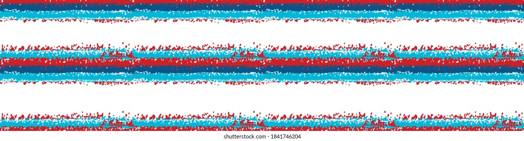 Vector crayon drawing effect striped vector seamless border Banner of horizontal painterly alternating stripes of red,blue, white. Americana, nautical simple geometric design for ribbon, edging, trim