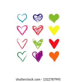 vector crayon hearts set. colorful hand drawn hearts on white background