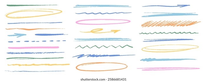 Vector Crayon Pencil Lines Set. Hand Drawn Underline Brush Stroke. Sketch Highlight Elements.