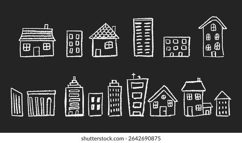 Vector crayon set of white pastel buildings for children, featuring wax and charcoal squiggle textures on black background. Ideal for ecology, kindergarten, school or neighborhood-themed art projects.