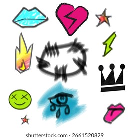 Vetor crayon esboço conjunto de Y2K punk rock doodles. Inclui coração rabiscado com crack, olho chorando, coroa torta, fogo, estrelas, relâmpago, lábios de vampiro, adesivos, 