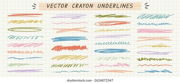 Sublinhados de giz de cera vetorial e rabiscos no plano de fundo do papel de grade. Rabiscos coloridos desenhados à mão para destaques criativos, notas e destaques de design