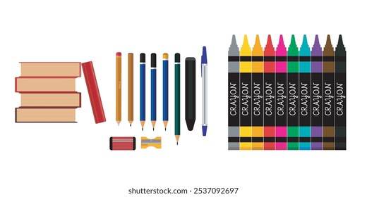 Vector crayones, varios tipos de lápices y bolígrafos, también hay cuadernos dispuestos