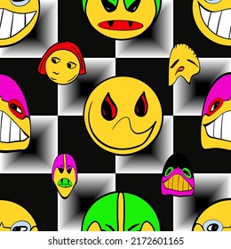 Vector crazy cartoon character illustration  Psychedelic seamless pattern  art 60s 70s