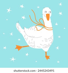 Vector loco lindo ganso blanco o pato con arco y dibujado a mano estrellas patrón en estilo garabato.
