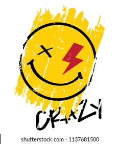 Vector Crazy Face, Emoji Yellow Face With Red Thunder And Smile Icon.