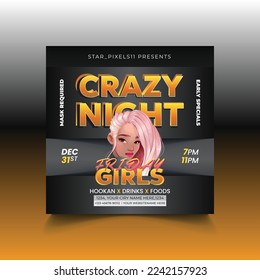 Vector crazy night poster and social media post