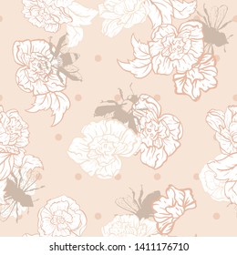 Vector Cream Bees with Roses on dots seamless pattern background. Perfect for fabric, wallpaper and scrapbooking projects.