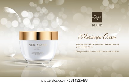 Vector cream button with professional facial cream on the gold background with bokeh. Template cosmetic products with element for design, advertising, ads.