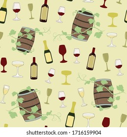 Vector cream color Champagne and Wine Collection seamless pattern background featuring wine barrels, wine bottles and glasses. Suitable for food and hospitality decor and stationary. Vector drawing