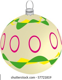 Vector of a cream colored Christmas ball with red, green and yellow ornaments for decoration of a Christmas tree