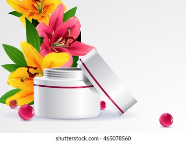 vector cream container. yellow and pink lily on white background.