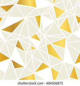 Vector Cream and Gold Foil Geometric Mosaic Triangles Repeat Seamless Pattern Background. Can Be Used For Fabric, Wallpaper, Stationery, Packaging.