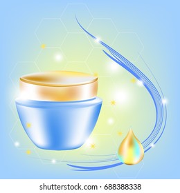 Vector cream jar with a drop and glares for cosmetology and skin care in blue and golden tints