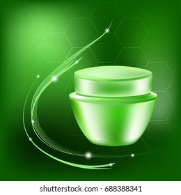 Vector cream jar with glares and light on the green background,