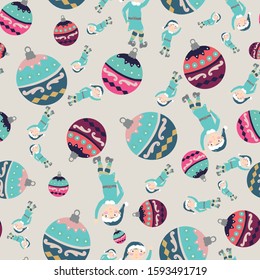 Vector cream seamless pattern background with gnomes and baubles. Perfect for fabric and stationary projects.