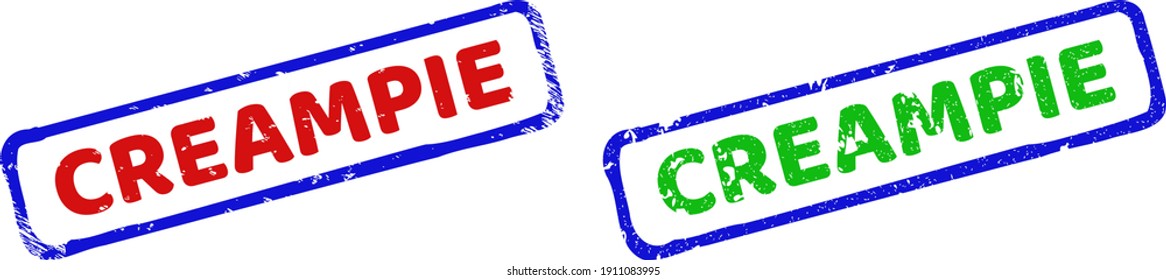 Vector CREAMPIE framed watermarks with scratched texture. Rough bicolor rectangle seal stamps. Red, blue, green colors used. Flat scratched watermarks with CREAMPIE text inside rough rectangle frame.