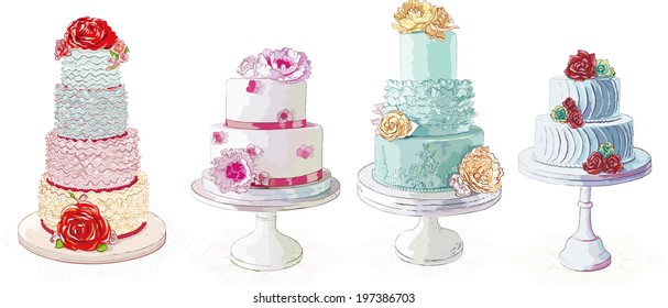 Vector creamy cakes collection isolated  on white background