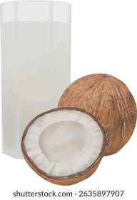 Vector Creamy coconut milk in glass bottles with coconut halves and tropical leaves. Natural dairy-free alternative, perfect for vegan recipes, smoothies, and tropical drinks.
