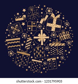 Vector creamy gold gift boxes with bows on a blue background, doodle