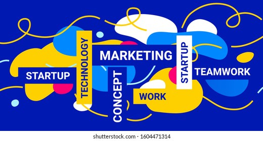 Vector creative abstract bright illustration with business word on blue background. Flat style design of abstraction with cloud shape and line for web, site, social media banner