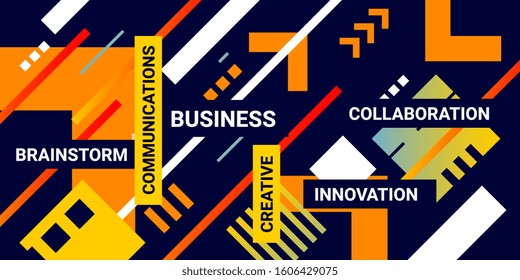 Vector creative abstract bright illustration with business word and different sharp shape on black background. Flat style design of abstraction with line for web, site, social media banner