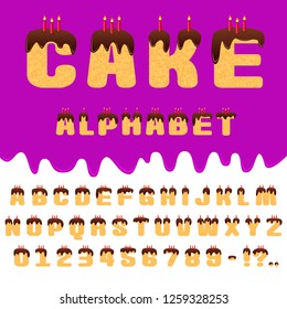 Vector of creative abstract font and alphabet. A set of alphabet letters and numbers is made of biscuit cake with chocolate icing and festive candles. The font in the form of a cake. EPS 10. svg