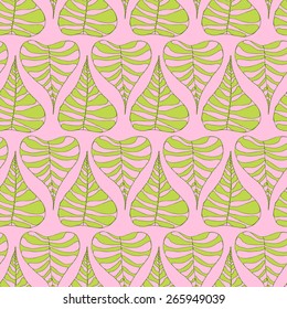 Vector creative abstract hand-drawn seamless pattern of stylized green leaves on a pink background