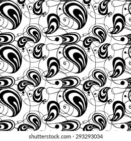 Vector creative abstract hand-drawn seamless pattern of swirling and flowing elements in black and white