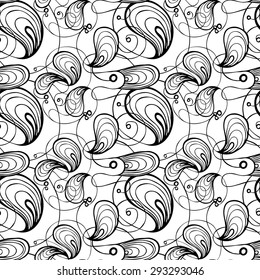 Vector creative abstract hand-drawn seamless pattern of swirling and flowing elements in black and white