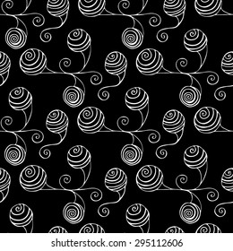 Vector creative abstract hand-drawn seamless pattern of round elements with spiral in black and white colors 