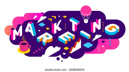 Vector creative abstract horizontal illustration of 3d marketing word lettering typography on bright color background. Marketing technology concept with decor element. Isometric design for promotion